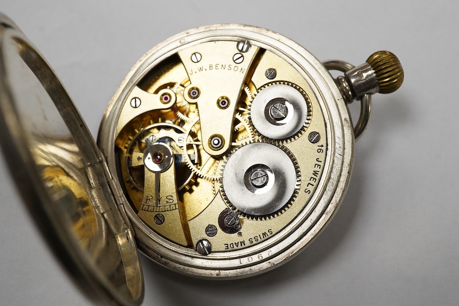 A George V silver J.W. Benson keyless half hunter pocket watch, with Roman dial and subsidiary seconds, case diameter 49mm. Condition - poor to fair